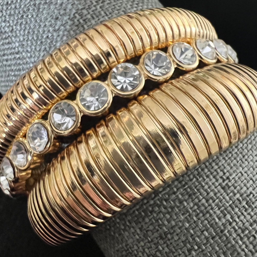 Vintage Gold Tone Cobra Link & Crystal 3 Piece Bangle Set Size 7.75 Mob Wife 90s
